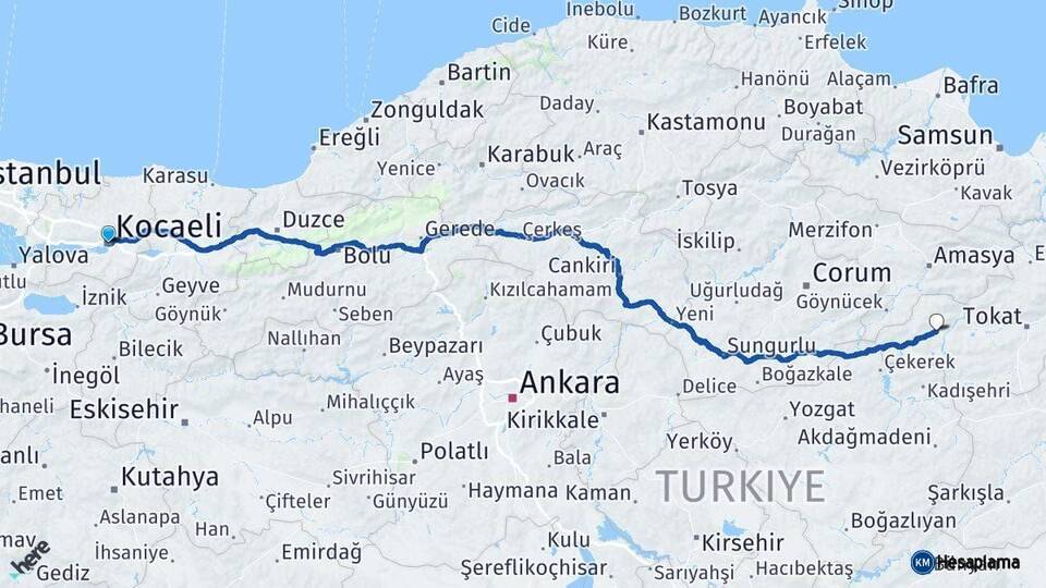 Kocaeli Zile Tokat Arası Kaç Km - Yol Haritası