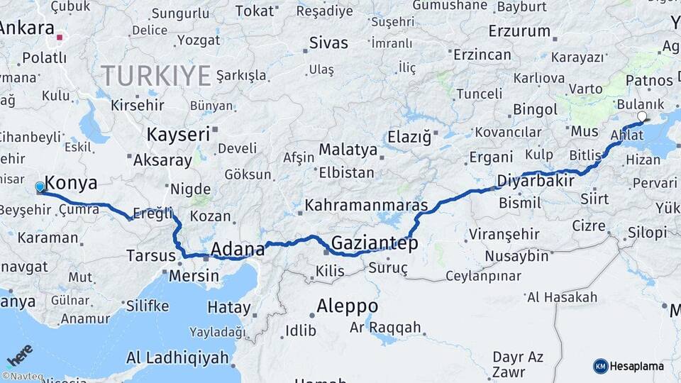 Konya Adilcevaz Bitlis Arası Kaç Km - Yol Haritası