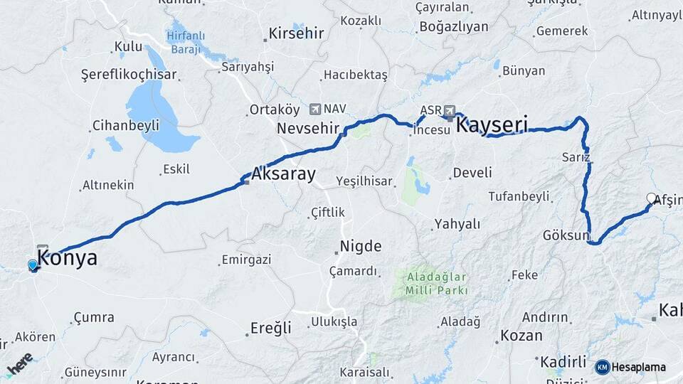 Konya Afşin Kahramanmaraş Arası Kaç Km - Yol Haritası