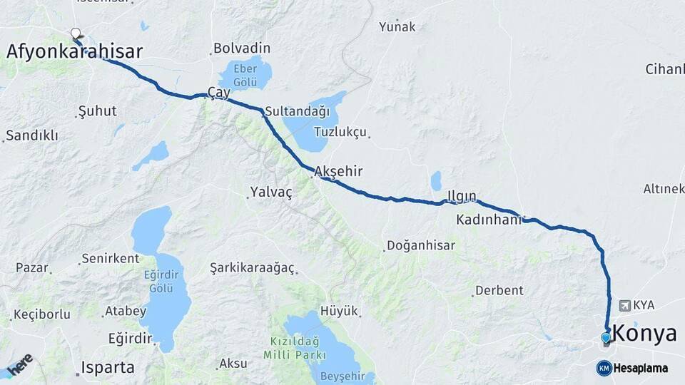 Konya Afyonkarahisar Arası Kaç Km - Yol Haritası