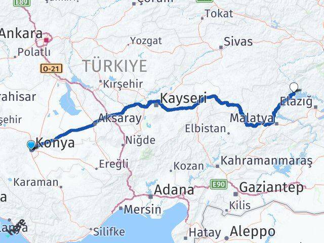 Konya Ağın Elazığ Arası Kaç Km - Yol Haritası