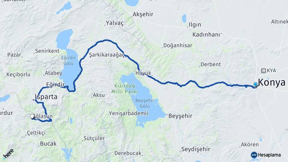 Konya Ağlasun Burdur Arası Kaç Km - Yol Haritası