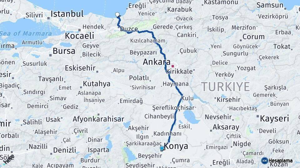 Konya Akçakoca Düzce Arası Kaç Km - Yol Haritası