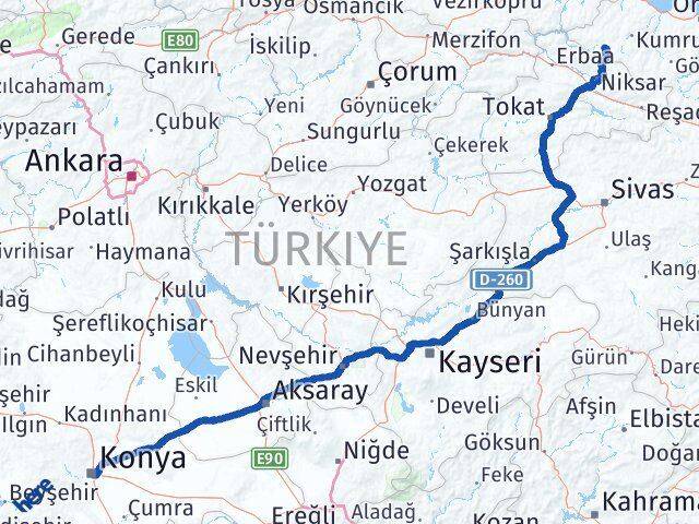 Konya Akkuş Ordu Arası Kaç Km - Yol Haritası