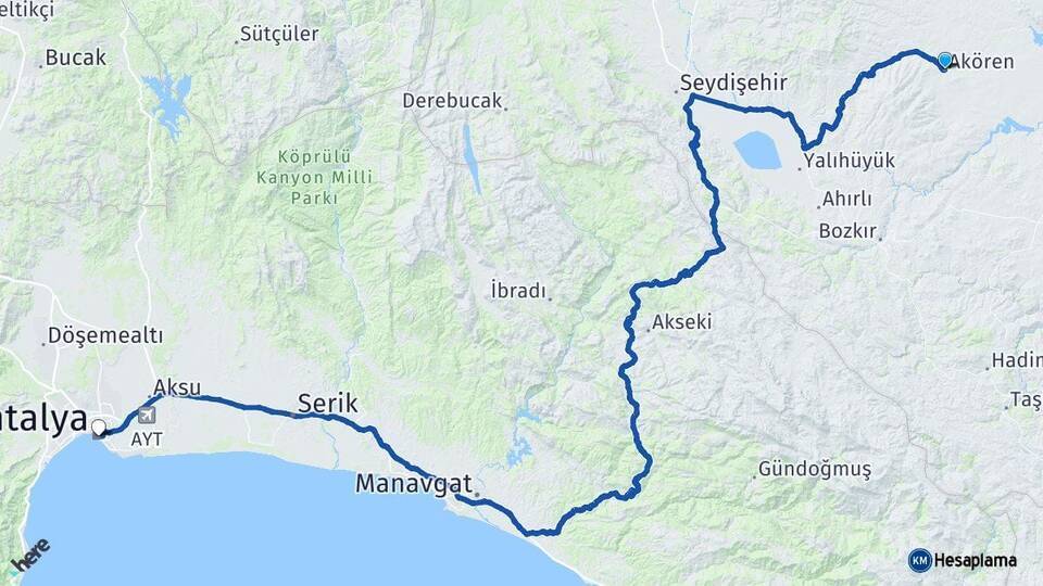 Akören Antalya Arası Kaç Km - Yol Tarifi