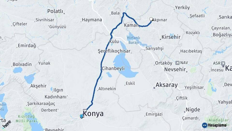 Konya Akpınar Kırşehir Arası Kaç Km - Yol Haritası