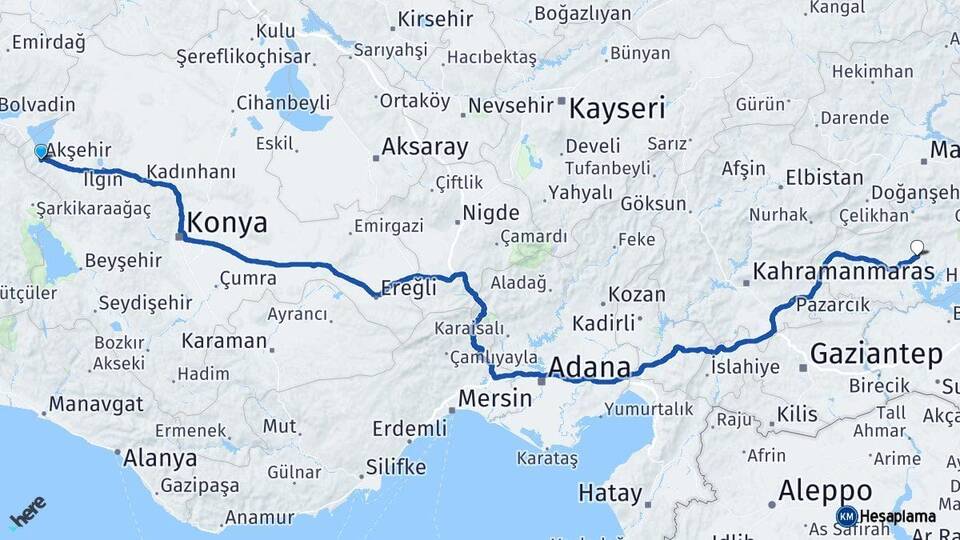 Konya Akşehir Adıyaman Arası Kaç Km - Yol Haritası