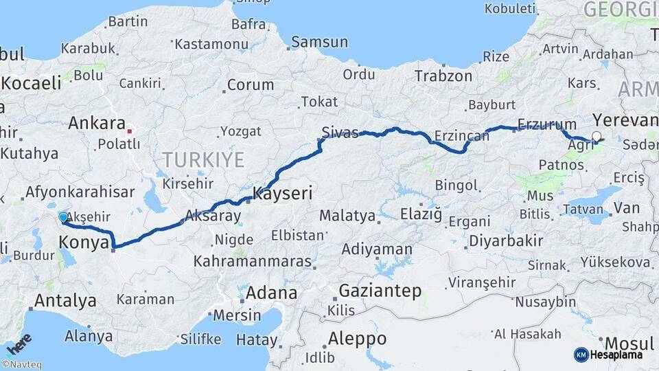 Konya Akşehir Ağrı Arası Kaç Km - Yol Haritası