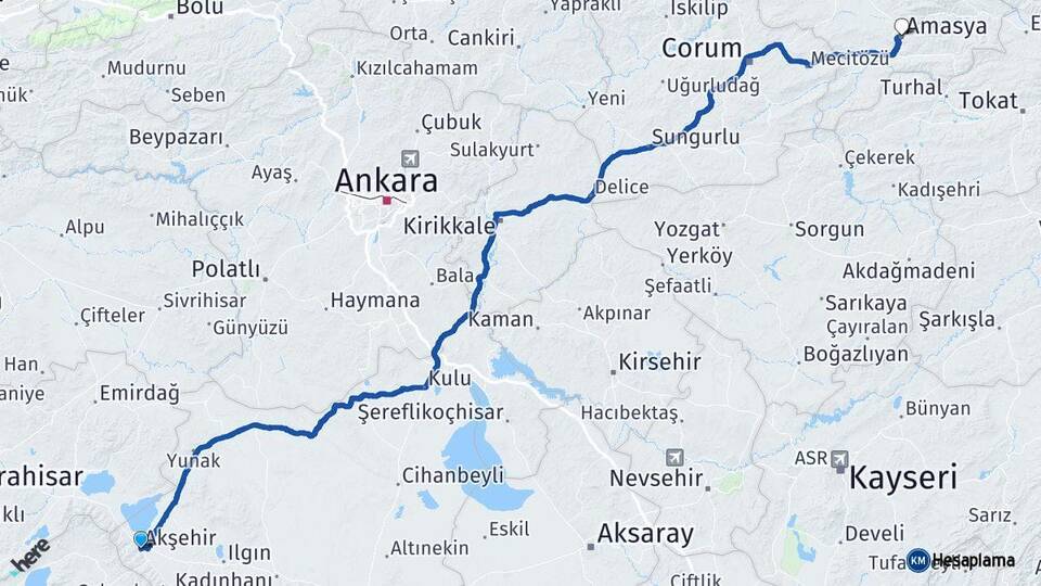 Konya Akşehir Amasya Arası Kaç Km - Yol Haritası