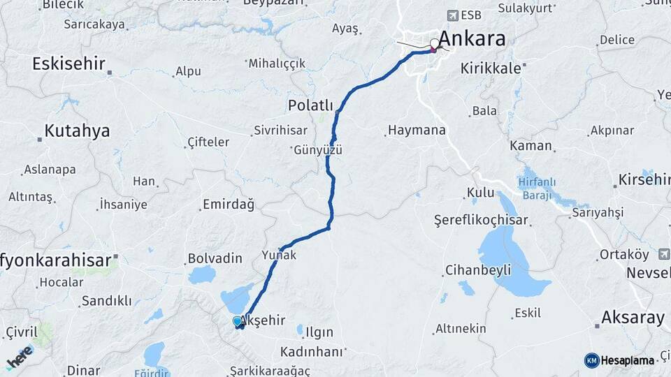 Konya Akşehir Ankara Arası Kaç Km - Yol Haritası