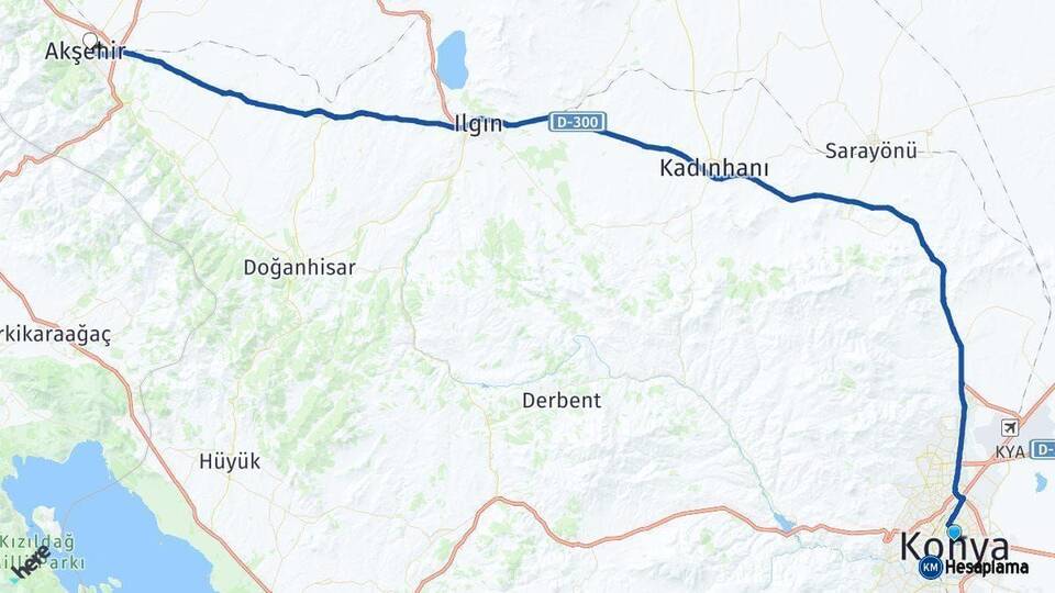 Konya Akşehir Arası Kaç Km - Yol Haritası