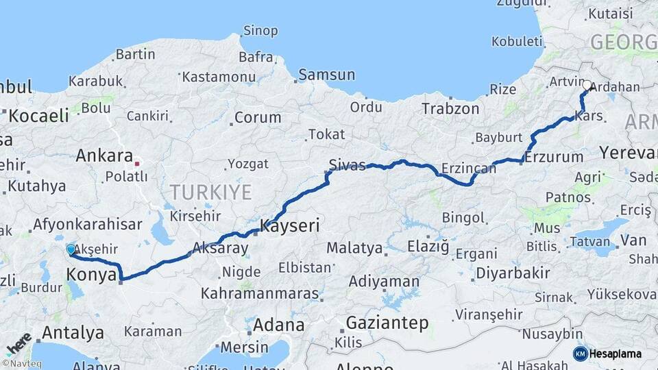 Konya Akşehir Ardahan Arası Kaç Km - Yol Haritası