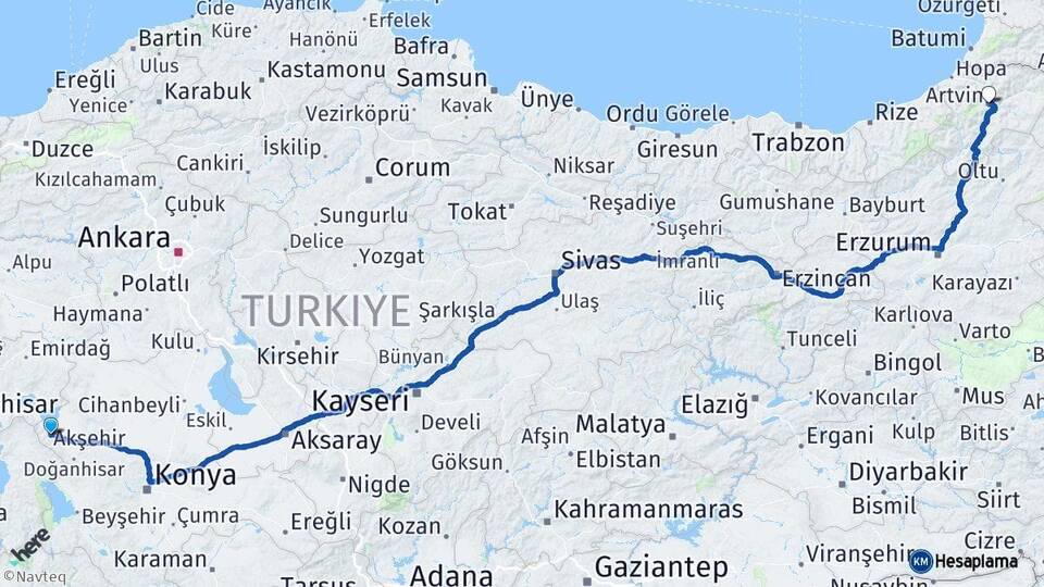 Konya Akşehir Artvin Arası Kaç Km - Yol Haritası