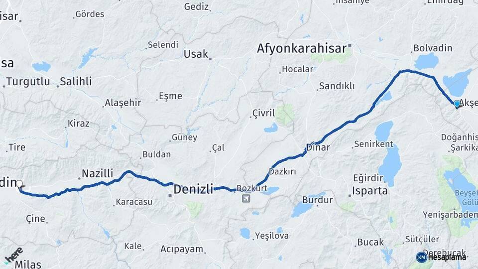 Konya Akşehir Aydın Arası Kaç Km - Yol Haritası