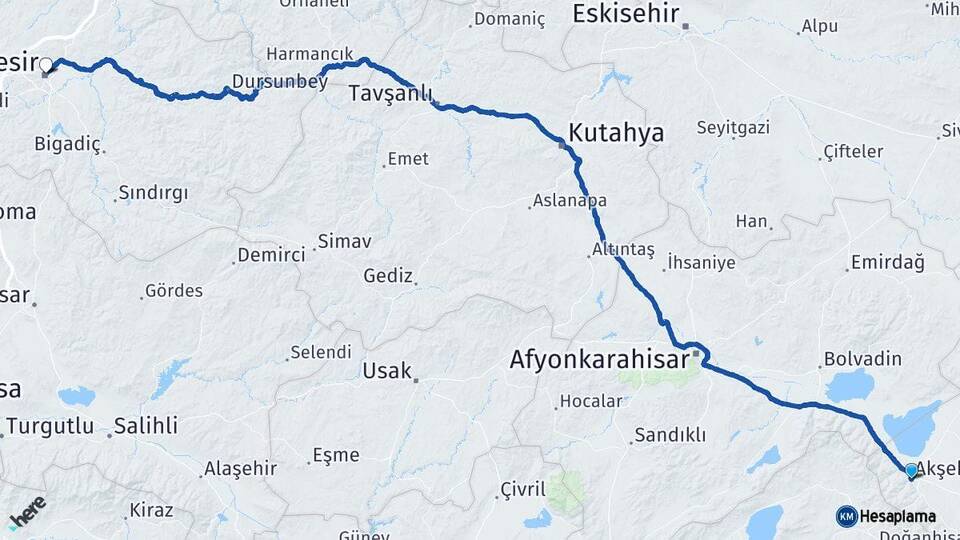 Konya Akşehir Balıkesir Arası Kaç Km - Yol Haritası