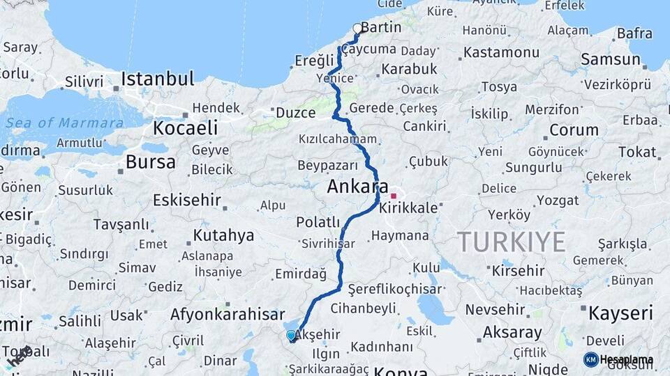 Konya Akşehir Bartın Arası Kaç Km - Yol Haritası