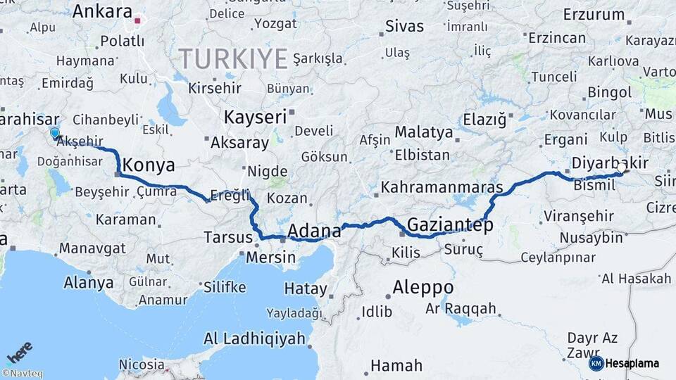 Konya Akşehir Batman Arası Kaç Km - Yol Haritası