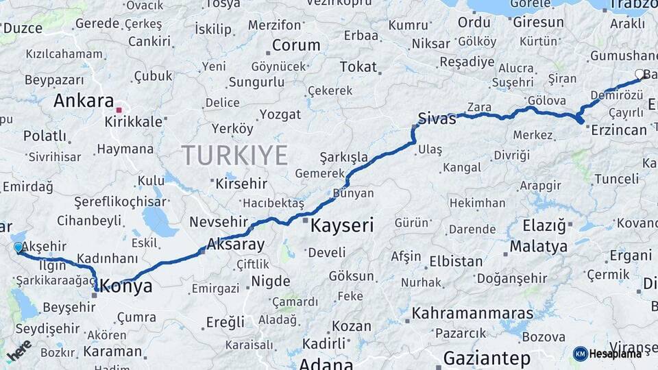 Konya Akşehir Bayburt Arası Kaç Km - Yol Haritası