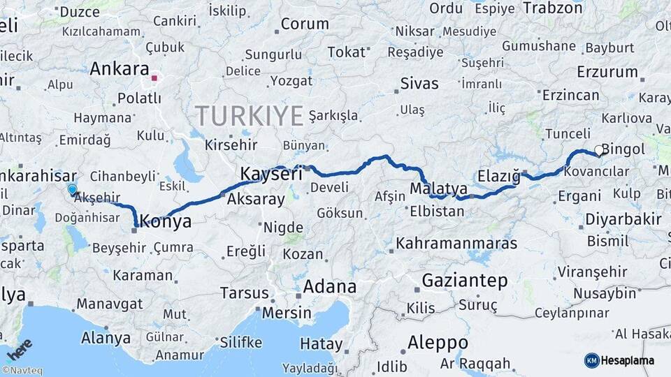 Konya Akşehir Bingöl Arası Kaç Km - Yol Haritası