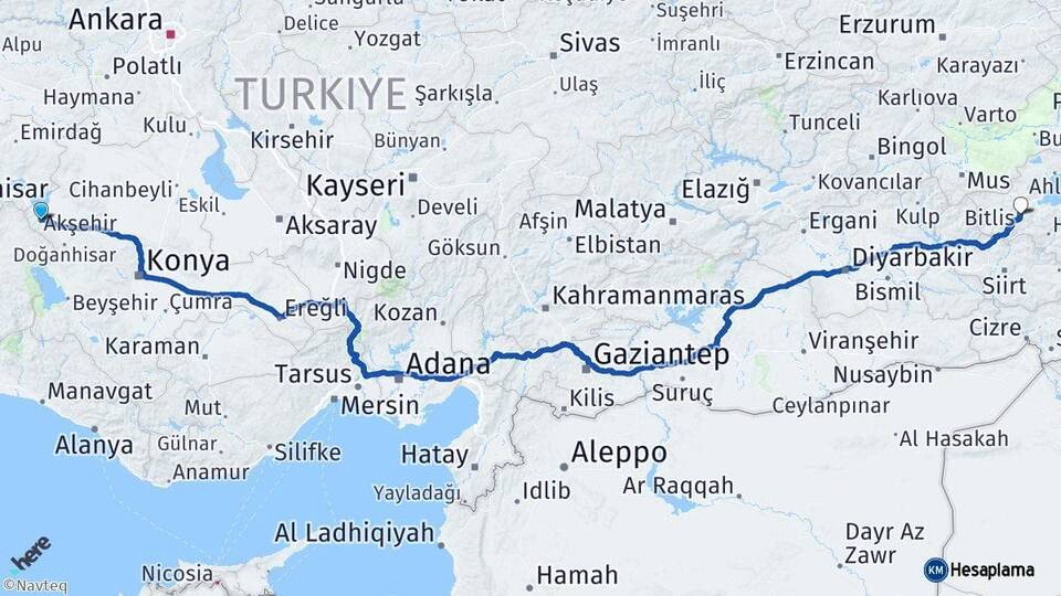 Konya Akşehir Bitlis Arası Kaç Km - Yol Haritası