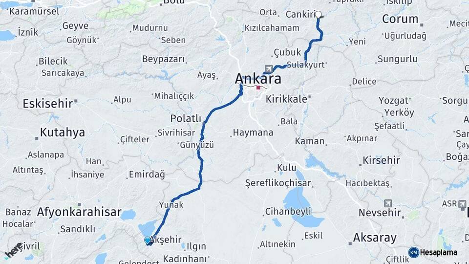 Konya Akşehir Çankırı Arası Kaç Km - Yol Haritası