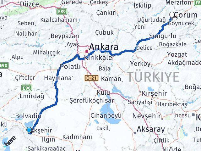 Konya Akşehir Çorum Arası Kaç Km - Yol Haritası