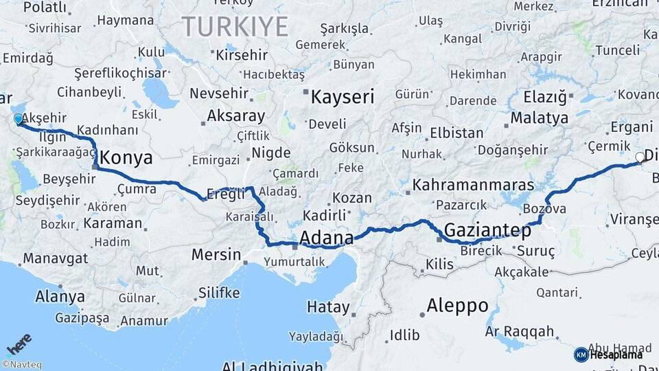 Konya Akşehir Diyarbakır Arası Kaç Km - Yol Haritası
