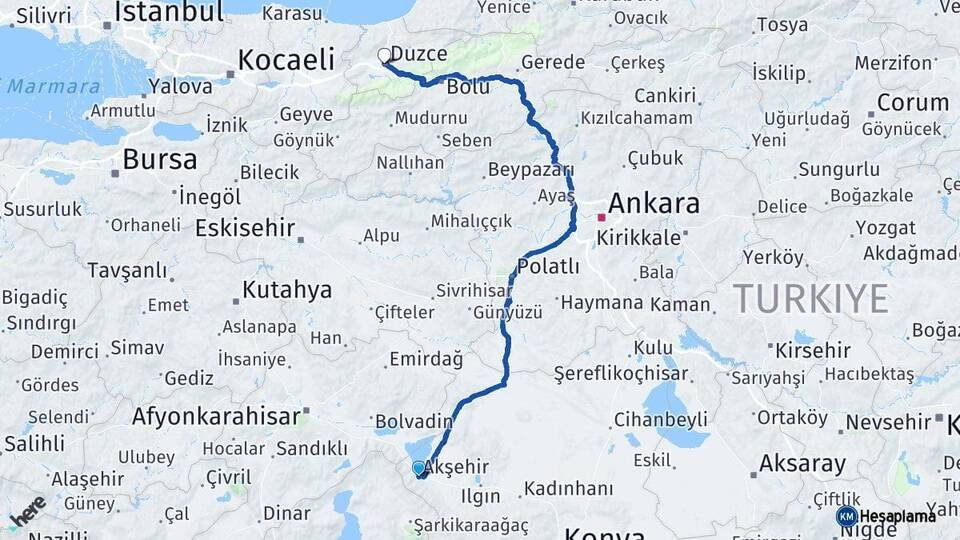 Konya Akşehir Düzce Arası Kaç Km - Yol Haritası