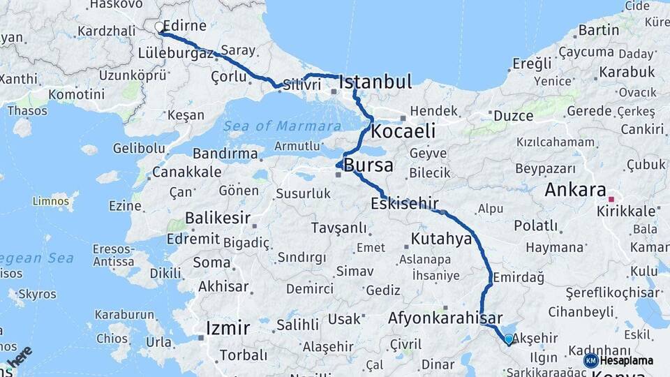 Konya Akşehir Edirne Arası Kaç Km - Yol Haritası