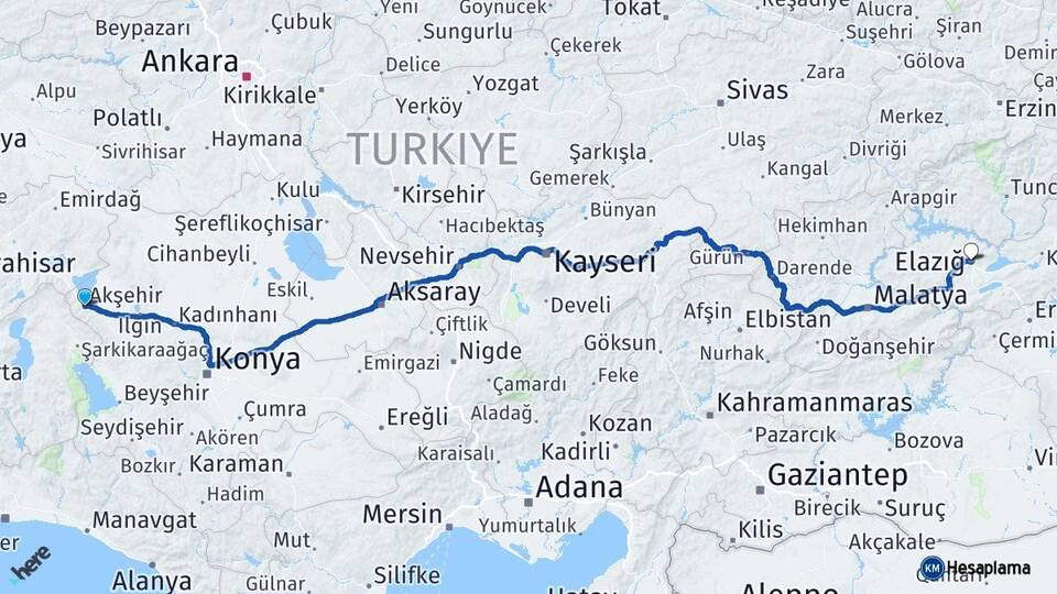 Konya Akşehir Elazığ Arası Kaç Km - Yol Haritası
