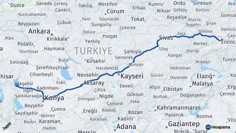 Konya Akşehir Erzincan Arası Kaç Km - Yol Haritası