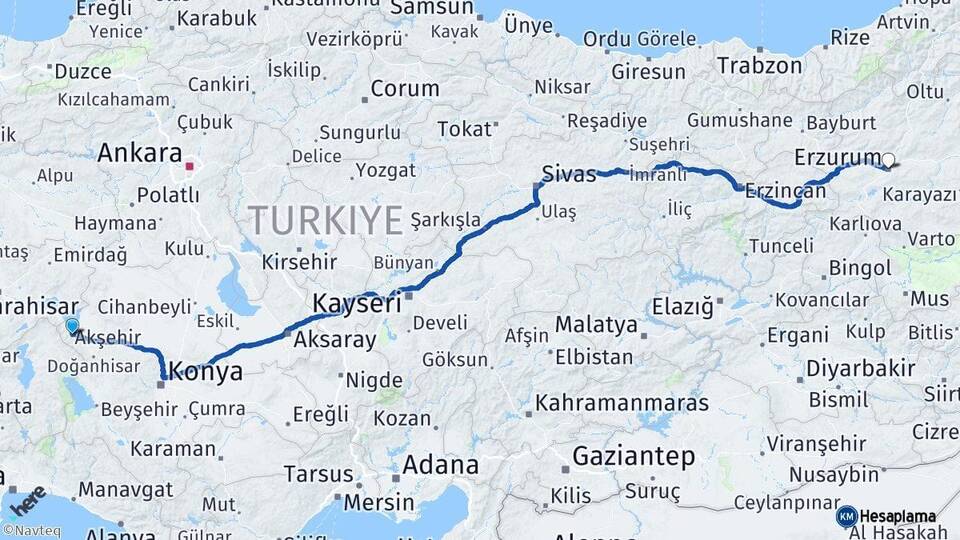 Konya Akşehir Erzurum Arası Kaç Km - Yol Haritası