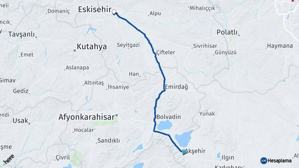 Konya Akşehir Eskişehir Arası Kaç Km - Yol Haritası