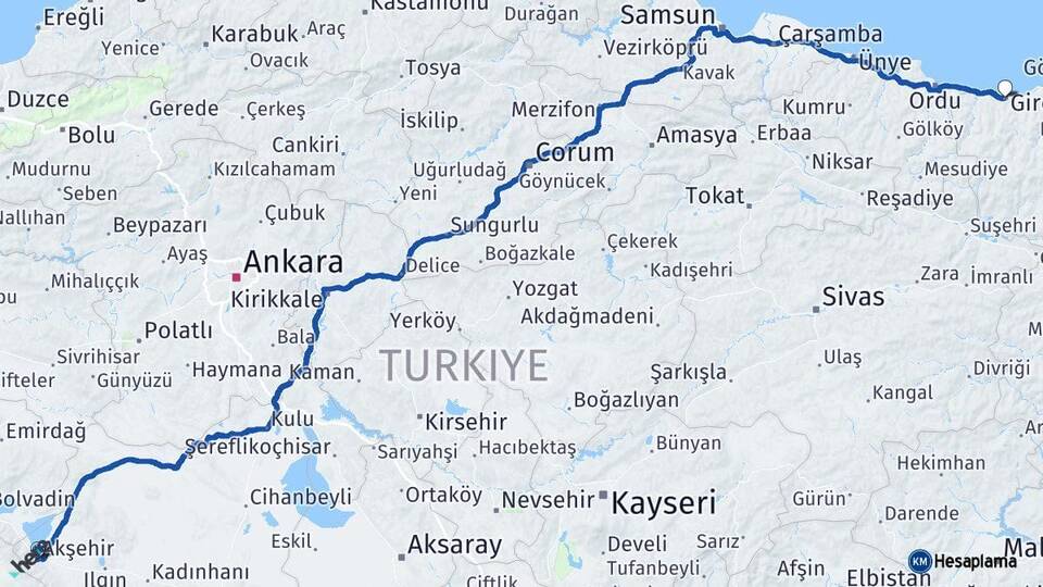 Konya Akşehir Giresun Arası Kaç Km - Yol Haritası
