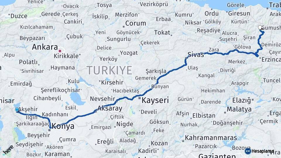 Konya Akşehir Gümüşhane Arası Kaç Km - Yol Haritası