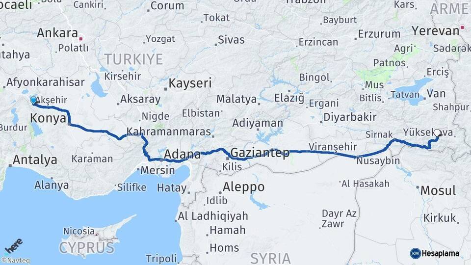 Konya Akşehir Hakkari Arası Kaç Km - Yol Haritası