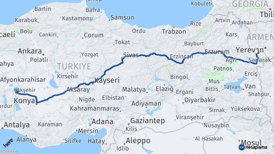 Konya Akşehir Iğdır Arası Kaç Km - Yol Haritası