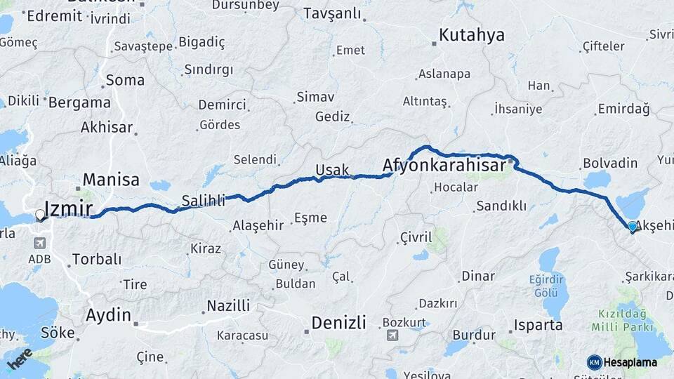 Konya Akşehir İzmir Arası Kaç Km - Yol Haritası