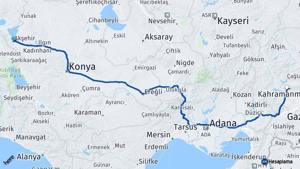 Konya Akşehir Kahramanmaraş Arası Kaç Km - Yol Haritası