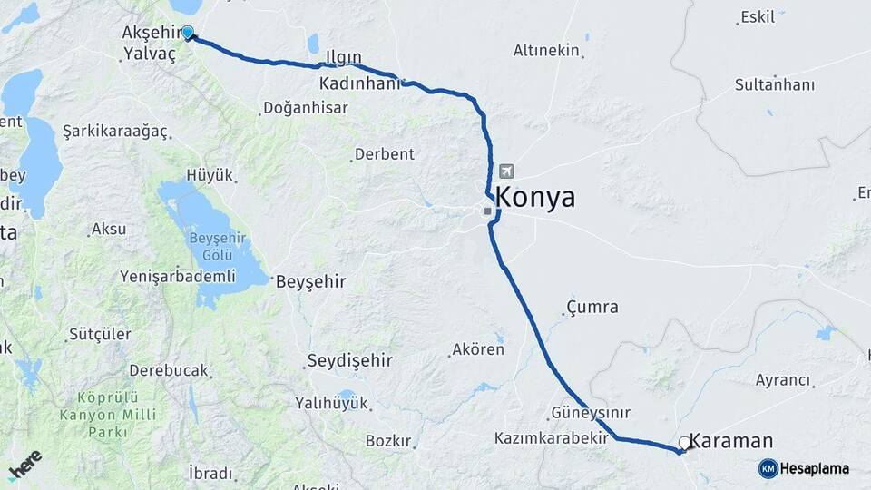 Konya Akşehir Karaman Arası Kaç Km - Yol Haritası