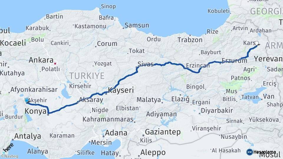 Konya Akşehir Kars Arası Kaç Km - Yol Haritası