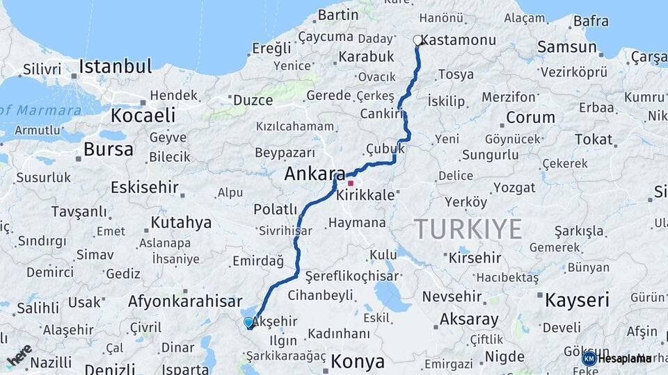 Konya Akşehir Kastamonu Arası Kaç Km - Yol Haritası