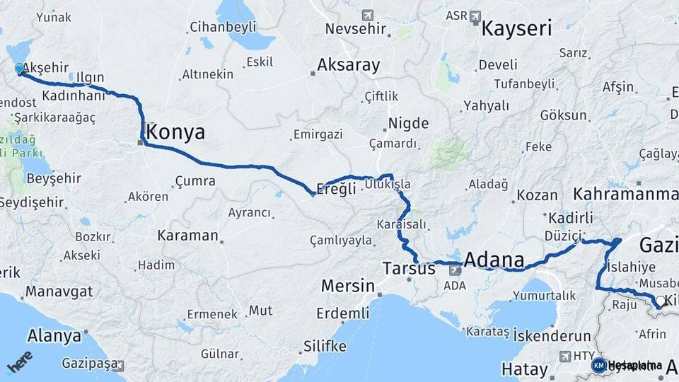 Konya Akşehir Kilis Arası Kaç Km - Yol Haritası