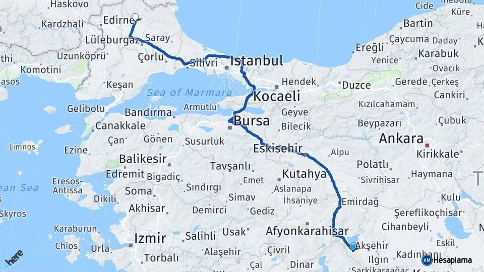 Konya Akşehir Kırklareli Arası Kaç Km - Yol Haritası