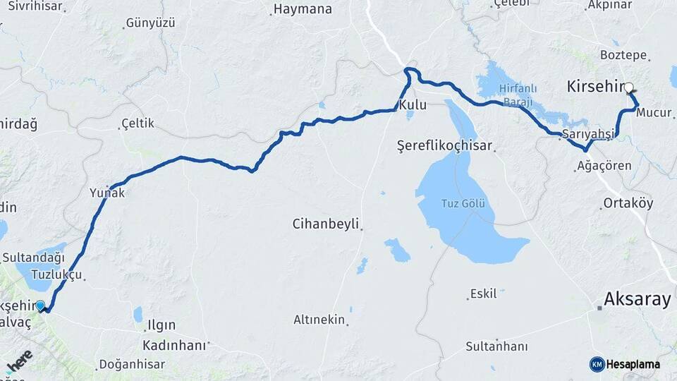 Konya Akşehir Kırşehir Arası Kaç Km - Yol Haritası