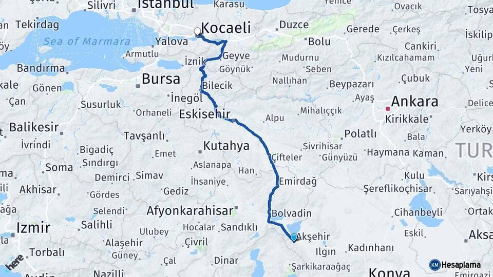 Konya Akşehir Kocaeli Arası Kaç Km - Yol Haritası