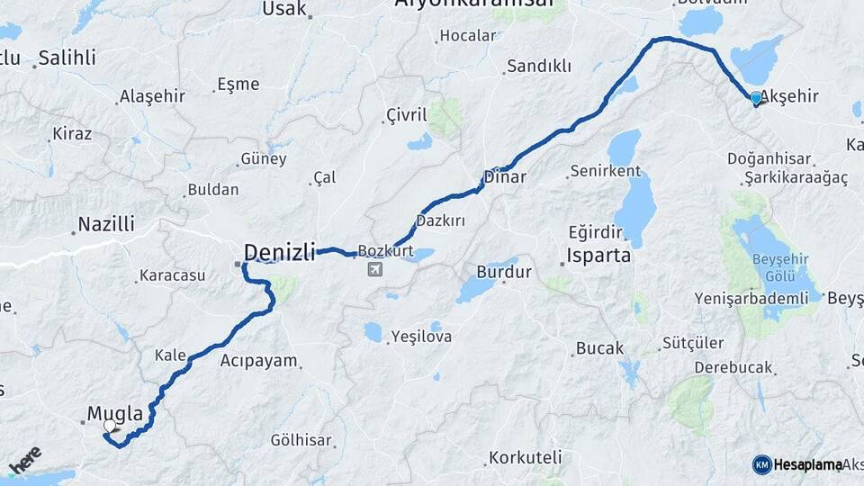 Konya Akşehir Muğla Arası Kaç Km - Yol Haritası