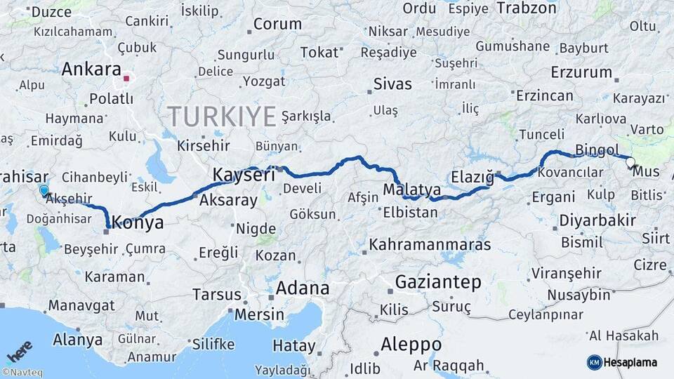 Konya Akşehir Muş Arası Kaç Km - Yol Haritası