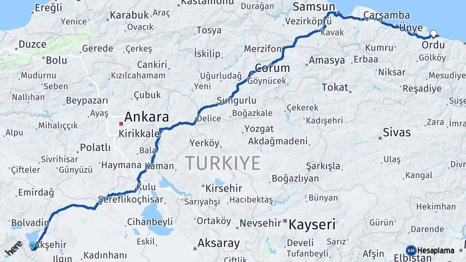 Konya Akşehir Ordu Arası Kaç Km - Yol Haritası