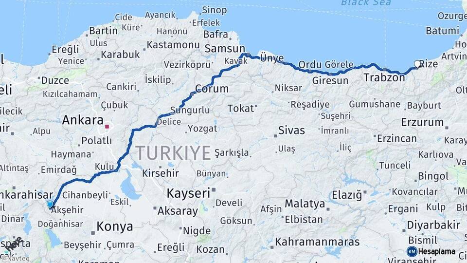 Konya Akşehir Rize Arası Kaç Km - Yol Haritası